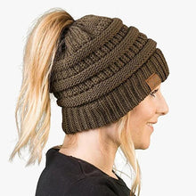 Load image into Gallery viewer, Ponytail Beanie Messy Bun Women's Beanie Solid Ribbed Hat Cap