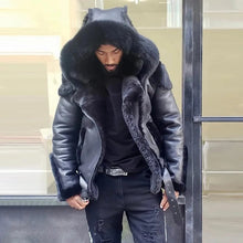 Load image into Gallery viewer, Sheepskin Leather Jacket | Man Winter Fur Hood Coat Motorcycle Jackets