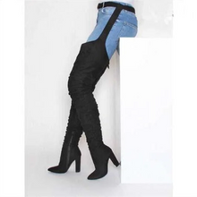 Load image into Gallery viewer, Women Faux Suede Thigh High Waist Belt Chunky High Heel Slouch Boots | Over The Knee Waist Belted Boots