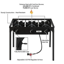 Load image into Gallery viewer, Outdoor Camping Stove Grill: Portable Propane 3-Burner Cooker (225,000 BTU)