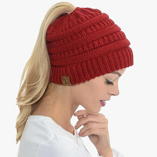 Load image into Gallery viewer, Ponytail Beanie Messy Bun Women's Beanie Solid Ribbed Hat Cap
