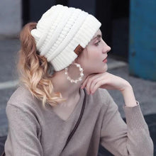 Load image into Gallery viewer, Ponytail Beanie Messy Bun Women's Beanie Solid Ribbed Hat Cap

