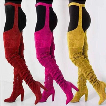 Load image into Gallery viewer, Women Faux Suede Thigh High Waist Belt Chunky High Heel Slouch Boots | Over The Knee Waist Belted Boots
