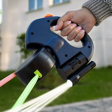 Load image into Gallery viewer, Dual Retractable Dog Leash with Flashlight &amp; Waste Bag Holder
