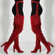 Load image into Gallery viewer, Women Faux Suede Thigh High Waist Belt Chunky High Heel Slouch Boots | Over The Knee Waist Belted Boots
