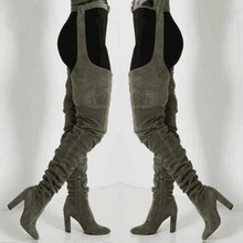 Load image into Gallery viewer, Women Faux Suede Thigh High Waist Belt Chunky High Heel Slouch Boots | Over The Knee Waist Belted Boots
