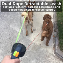 Load image into Gallery viewer, Dual Retractable Dog Leash with Flashlight &amp; Waste Bag Holder
